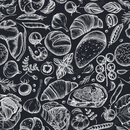 Seamless pattern with hand drawn chalk garlic, cherry tomatoes, peas, fish, shrimp, cabbage, beef, buns and bread, croissants and bread, basil, rosemary