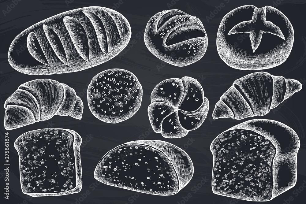 Naklejka premium Vector set of hand drawn chalk buns and bread, croissants and bread