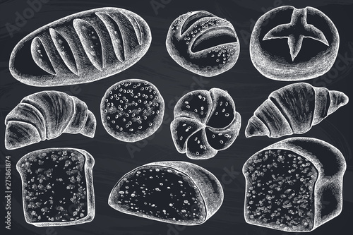 Vector set of hand drawn chalk buns and bread, croissants and bread
