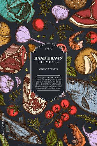 Card design on dark background with garlic, cherry tomatoes, peas, fish, shrimp, cabbage, beef, buns and bread, croissants and bread, basil, rosemary