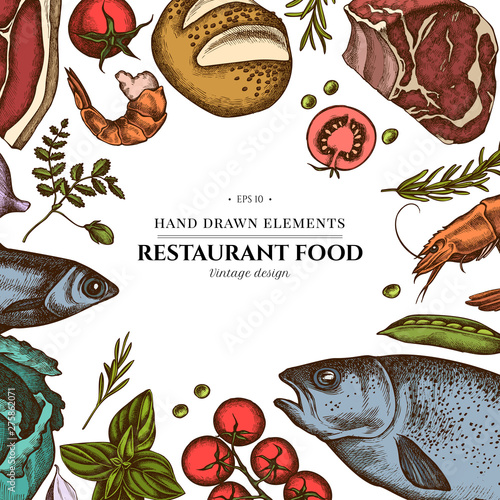 Floral design with colored garlic, cherry tomatoes, peas, fish, shrimp, cabbage, beef, buns and bread, croissants and bread, basil, rosemary