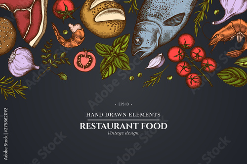 Floral design on dark background with garlic, cherry tomatoes, peas, fish, shrimp, cabbage, beef, buns and bread, croissants and bread, basil, rosemary