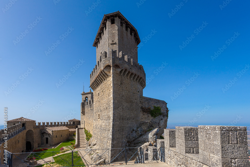 The ancient fortress on the top of the cliff in San Marino.