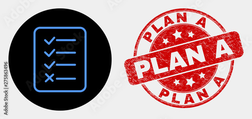 Rounded task list page icon and Plan A seal. Red round scratched seal with Plan A text. Blue task list page icon on black circle. Vector composition for task list page in flat style.