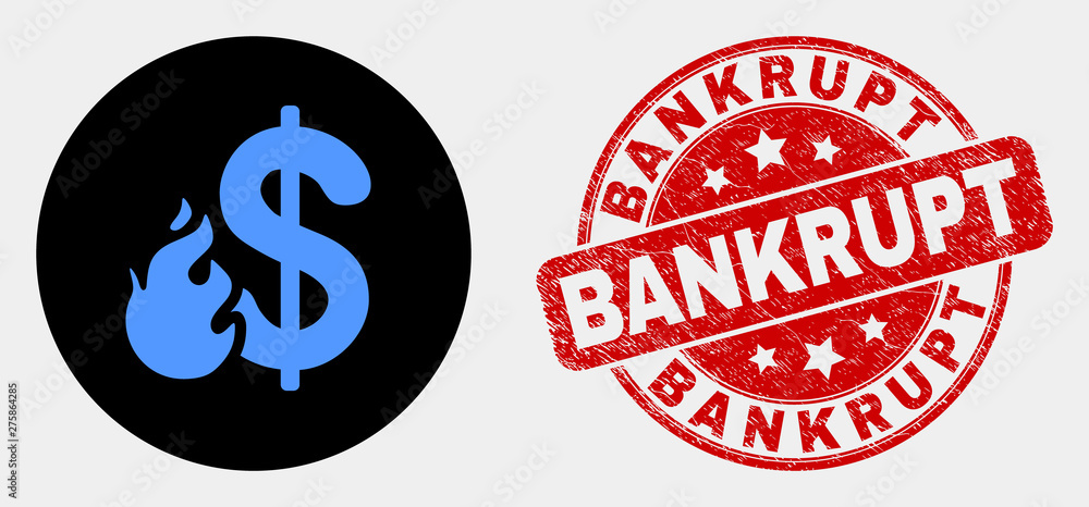 Rounded dollar fire icon and Bankrupt stamp. Red rounded grunge seal stamp with Bankrupt text. Blue dollar fire icon on black circle. Vector composition for dollar fire in flat style. Rounded dollar fire icon and Bankrupt stamp. Red rounded grunge seal stamp with Bankrupt text. Blue dollar fire icon on black circle. Vector composition for dollar fire in flat style.