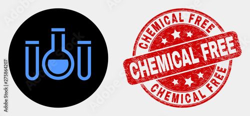Rounded chemical tubes pictogram and Chemical Free stamp. Red rounded distress stamp with Chemical Free text. Blue chemical tubes symbol on black circle.