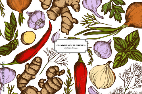 Floral design with colored onion, garlic, pepper, greenery, ginger, basil, rosemary