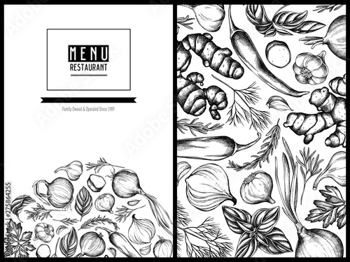 Menu cover floral design with black and white onion, garlic, pepper, greenery, ginger, basil, rosemary