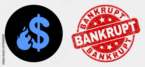 Rounded dollar fire icon and Bankrupt stamp. Red rounded grunge seal stamp with Bankrupt text. Blue dollar fire icon on black circle. Vector composition for dollar fire in flat style.