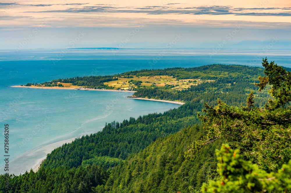 Aerial View of Lummi Island, Washington.  The view looking north to British Columbia over the Puget Sound from the top of Baker Mountain in the San Juan Islands of Washington state.