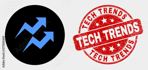 Rounded trend arrows icon and Tech Trends watermark. Red rounded textured watermark with Tech Trends text. Blue trend arrows icon on black circle. Vector combination for trend arrows in flat style.