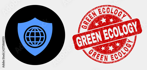 Rounded global shield icon and Green Ecology watermark. Red rounded grunge seal with Green Ecology text. Blue global shield icon on black circle. Vector composition for global shield in flat style.