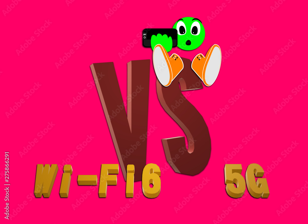Fototapeta premium Illustration, 5G and wifi 6, emoticon with an expression of surprise. Speed of the massive connectivity of the device and new protocols in development. Telecommunications. Comparison 5g VS Wi-Fi 6