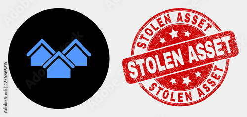 Rounded houses icon and Stolen Asset seal. Red rounded textured seal with Stolen Asset text. Blue houses icon on black circle. Vector composition for houses in flat style.