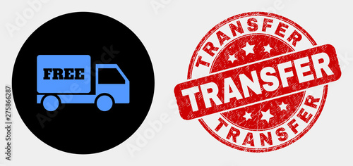 Rounded free delivery pictogram and Transfer seal stamp. Red rounded textured seal stamp with Transfer text. Blue free delivery symbol on black circle.