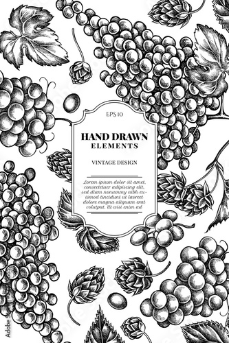 Card design with black and white grapes, hop