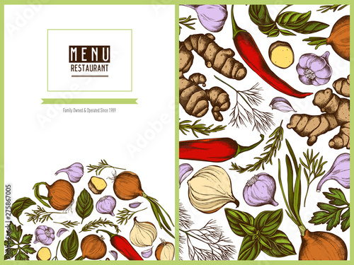 Menu cover floral design with colored onion, garlic, pepper, greenery, ginger, basil, rosemary