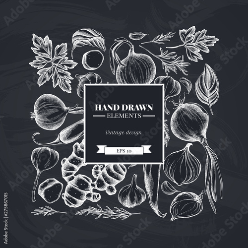 Square floral design with chalk onion, garlic, pepper, greenery, ginger, basil, rosemary