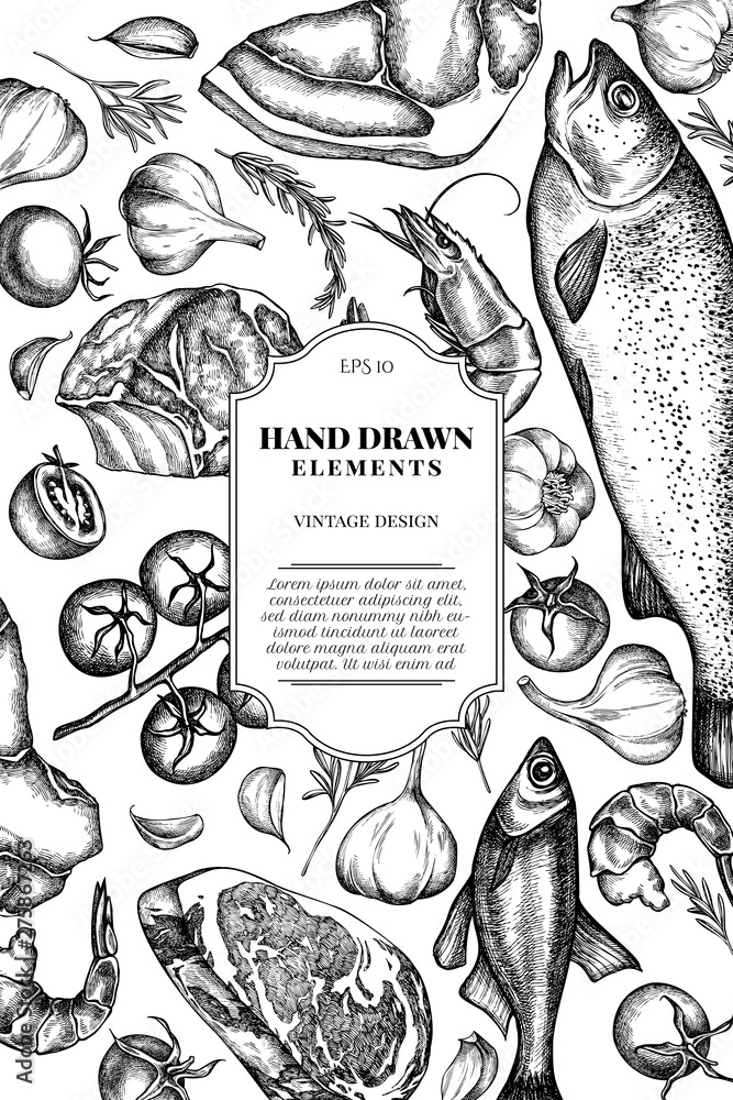 Card design with black and white garlic, cherry tomatoes, fish, shrimp, beef, rosemary
