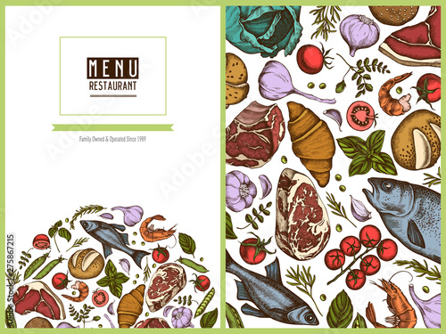 Menu cover floral design with colored garlic, cherry tomatoes, peas, fish, shrimp, cabbage, beef, buns and bread, croissants and bread, basil, rosemary