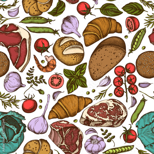 Seamless pattern with hand drawn colored garlic, cherry tomatoes, peas, fish, shrimp, cabbage, beef, buns and bread, croissants and bread, basil, rosemary