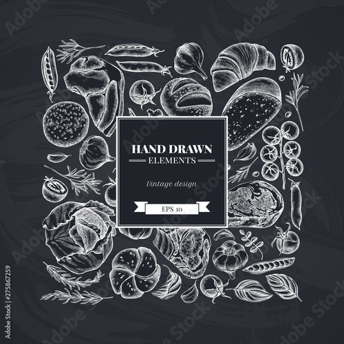 Square floral design with chalk garlic, cherry tomatoes, peas, fish, shrimp, cabbage, beef, buns and bread, croissants and bread, basil, rosemary