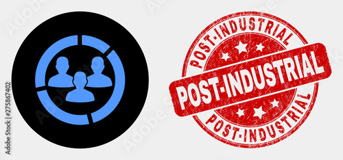 Rounded social pie chart icon and Post-Industrial seal. Red rounded textured seal with Post-Industrial caption. Blue social pie chart icon on black circle.
