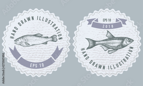 Monochrome labels design with illustration of fish © Sad