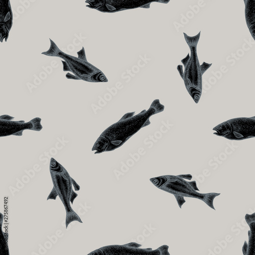 Seamless pattern with hand drawn stylized fish