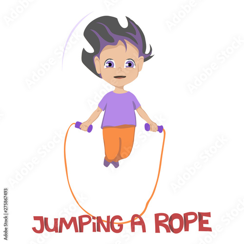 Illustration of grinning young girl in purple shirt and orange pants jumping a rope over white background, Vector illustration.