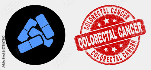 Rounded medical pills pictogram and Colorectal Cancer seal stamp. Red rounded textured seal stamp with Colorectal Cancer text. Blue medical pills icon on black circle.