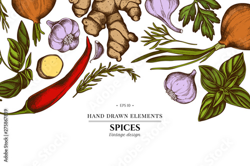 Floral design with colored onion, garlic, pepper, greenery, ginger, basil, rosemary