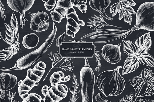 Floral design with chalk onion, garlic, pepper, greenery, ginger, basil, rosemary