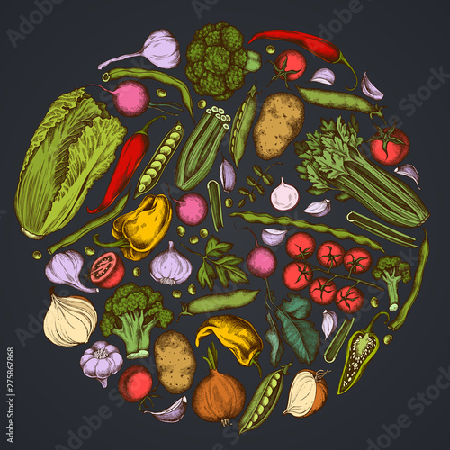 Round floral design on dark background with onion, garlic, pepper, broccoli, radish, green beans, potatoes, cherry tomatoes, peas, celery, beet, greenery, chinese cabbage, cabbage, carrot