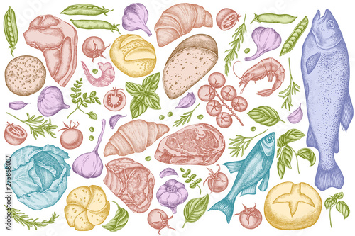 Vector set of hand drawn pastel garlic, cherry tomatoes, peas, fish, shrimp, cabbage, beef, buns and bread, croissants and bread, basil, rosemary