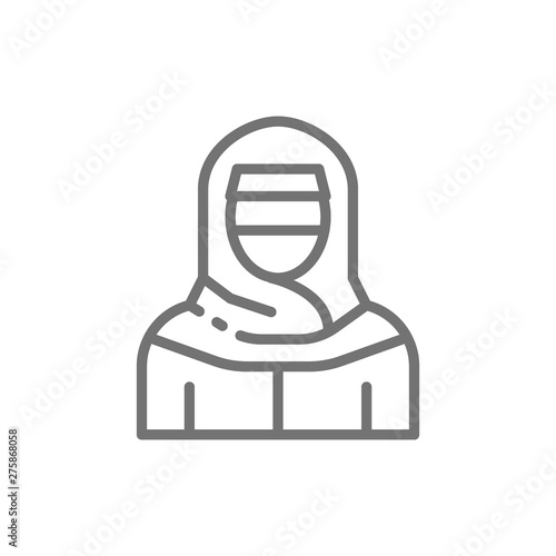 Muslim woman in niqab, traditional arabic dress line icon.