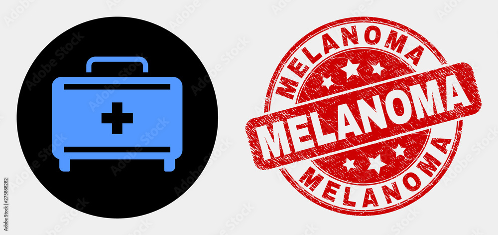 Rounded first aid case icon and Melanoma seal stamp. Red rounded scratched seal with Melanoma caption. Blue first aid case icon on black circle. Vector combination for first aid case in flat style. Rounded first aid case icon and Melanoma seal stamp. Red rounded scratched seal with Melanoma caption. Blue first aid case icon on black circle. Vector combination for first aid case in flat style.