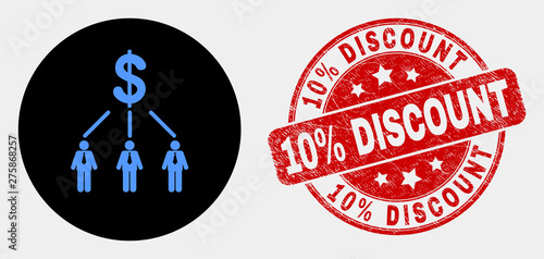 Rounded dollar managers links icon and 10% Discount seal stamp. Red rounded scratched seal stamp with 10% Discount caption. Blue dollar managers links symbol on black circle.