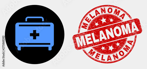 Rounded first aid case icon and Melanoma seal stamp. Red rounded scratched seal with Melanoma caption. Blue first aid case icon on black circle. Vector combination for first aid case in flat style.