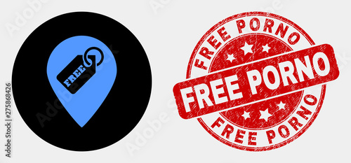 Rounded free tag marker icon and Free Porno stamp. Red rounded grunge stamp with Free Porno text. Blue free tag marker icon on black circle. Vector composition for free tag marker in flat style.