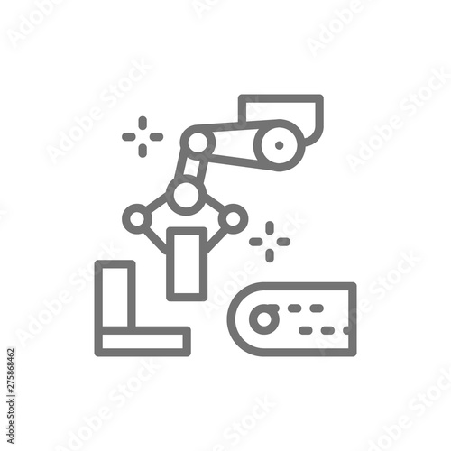Robotic manipulator arm with metal parts, metallurgy production line icon.
