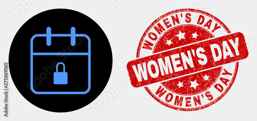 Rounded lock calendar page icon and Women'S Day watermark. Red rounded scratched watermark with Women'S Day text. Blue lock calendar page icon on black circle.