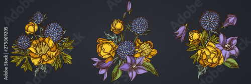 Flower bouquet of bellflower, globethistle, globeflower