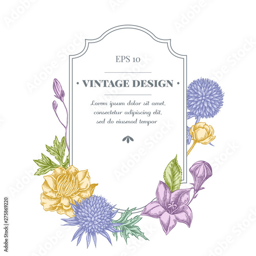 Badge design with pastel bellflower, globethistle, globeflower