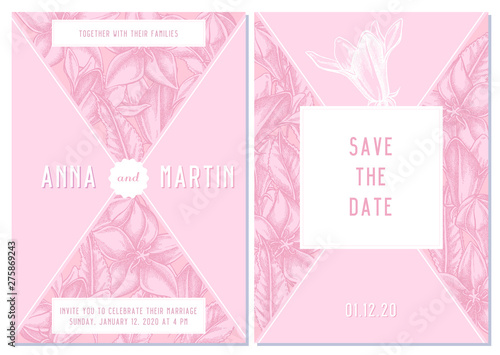 Wedding invitation card with pink bellflower