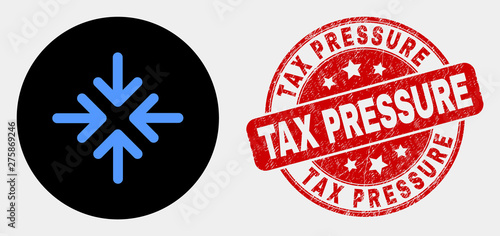 Rounded meeting point arrows icon and Tax Pressure seal. Red rounded textured seal with Tax Pressure text. Blue meeting point arrows icon on black circle.