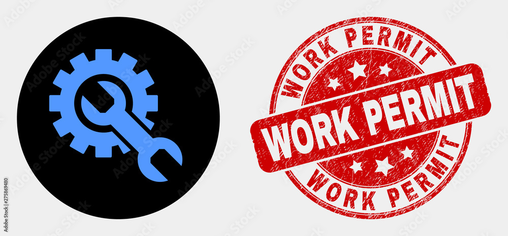 Rounded setup tools pictogram and Work Permit seal stamp. Red rounded scratched seal stamp with Work Permit caption. Blue setup tools icon on black circle. Rounded setup tools pictogram and Work Permit seal stamp. Red rounded scratched seal stamp with Work Permit caption. Blue setup tools icon on black circle.