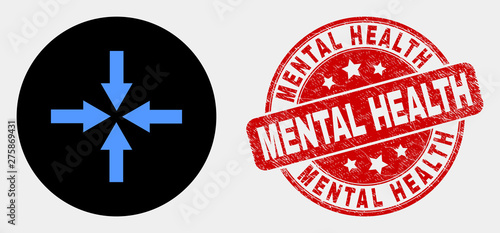Rounded collapse arrows pictogram and Mental Health seal stamp. Red rounded scratched seal stamp with Mental Health caption. Blue collapse arrows symbol on black circle.
