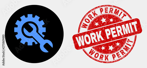 Rounded setup tools pictogram and Work Permit seal stamp. Red rounded scratched seal stamp with Work Permit caption. Blue setup tools icon on black circle.