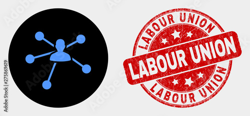 Rounded user links icon and Labour Union seal stamp. Red round grunge stamp with Labour Union caption. Blue user links icon on black circle. Vector composition for user links in flat style.